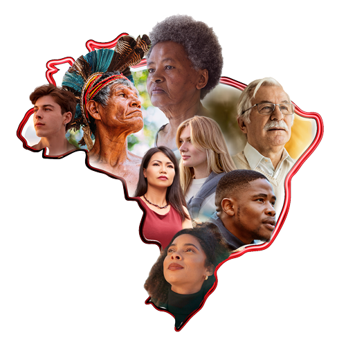 Mapa do Brasil formado por rostos diversos de trabalhadoras e trabalhadores